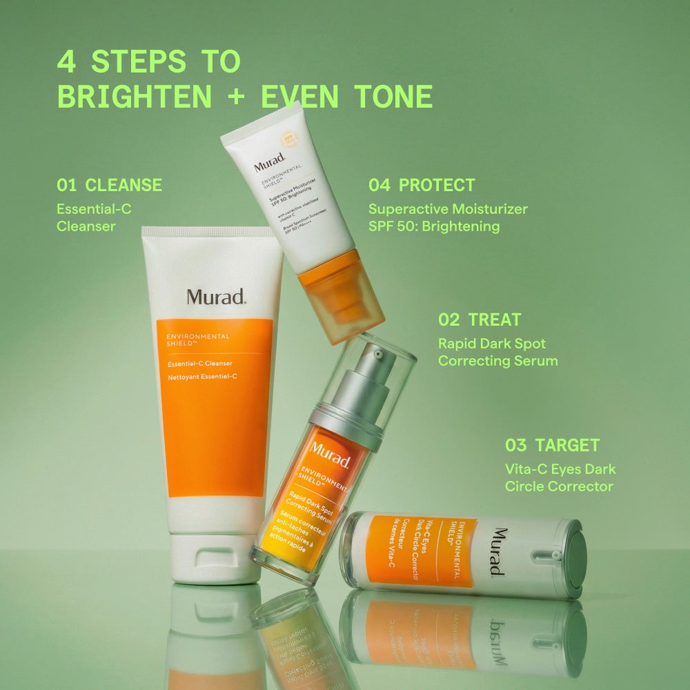 Murad skincare products with step-by-step guide on a green background