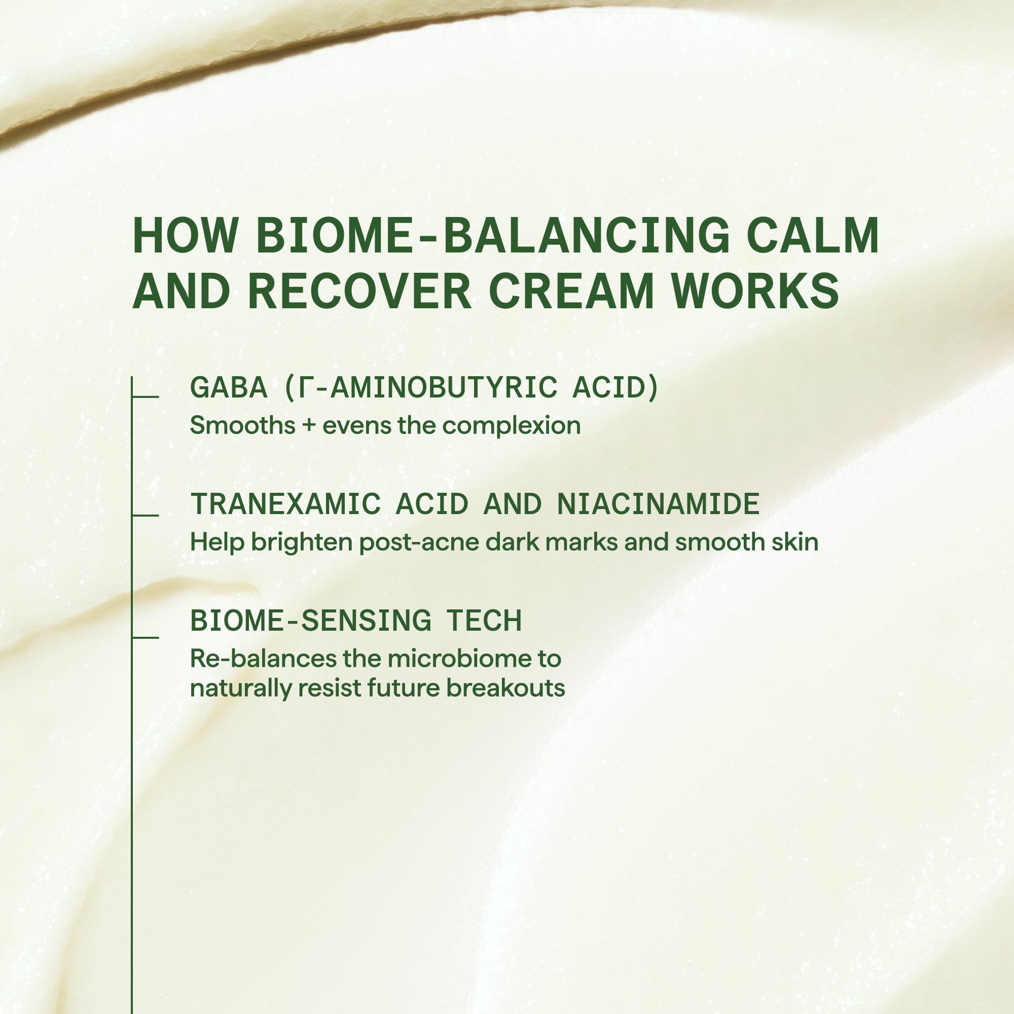 Explanation of how Biome-Balancing Calm and Recover Cream works with text on a beige background.